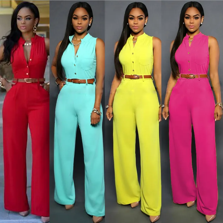 Sexy Macacão Jumpsuits Womens Botão Sem Mangas Button Grande Perna Calças de Alta Cintura Elegante Escritório Senhora Jumpsuit Feminino Macacões