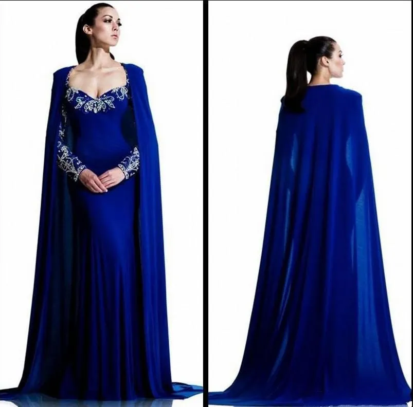 Pape uzun kollu Dubai Boncuklu Modaya Kraliyet Mavi Arap gece elbiseleri Kristal Vestidos De Festa Partisi Resmi Pageant Ünlü Gowns