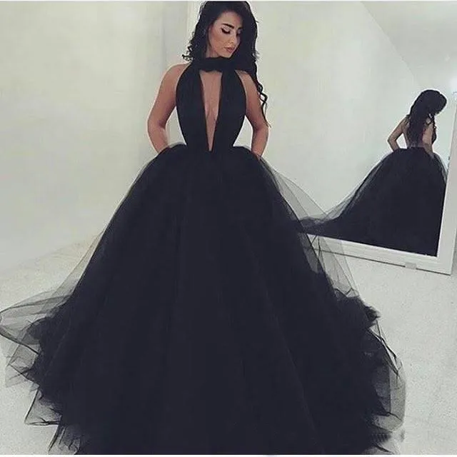 2018 Sexy Deep V Neck Prom Dresses Sleeveless Tulle A Line Sweep Train Evening Gown Formal Occasion Wear Plus Size Custom Made
