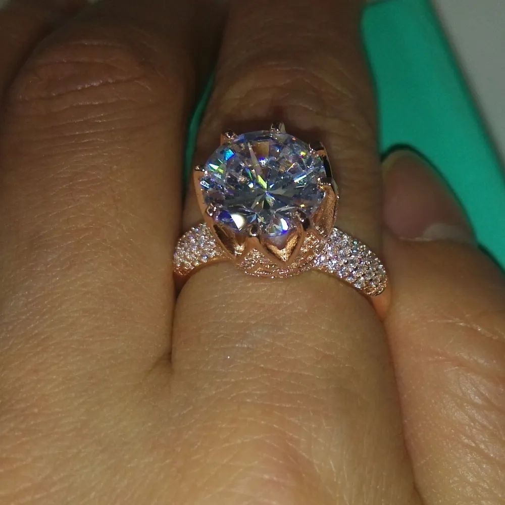 Choucongローズゴールドリングラウンドカット8ct Stone 5aジルコンCZ 925スターリングシルバー女性の婚約結婚式のバンドリング