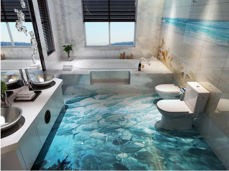 Tapeten 3D-Wand Dolphin Surf Ocean World 3D Badezimmer Wohnzimmer Bodenfliesen Tapete für Badezimmer