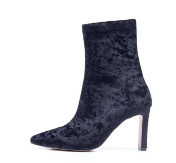 2018 fashion women velvet boots women ankle booties ladies party shoes point toe boots sequin sock boots thin heel navy blue