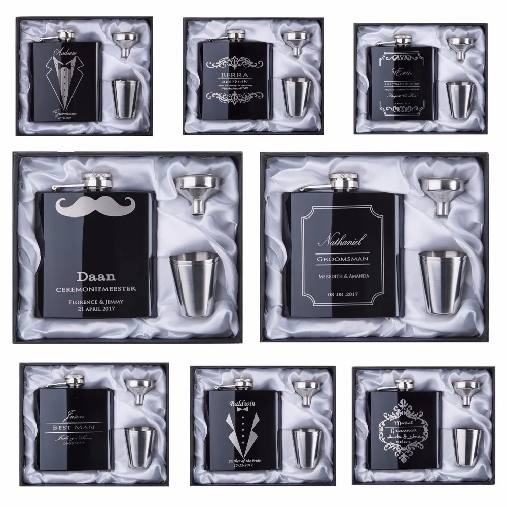 Groomsman Gift Gepersonaliseerde Gegraveerde 6oz Hip Flask roestvrij staal met witte zwarte doos cadeau bruiloft gunsten