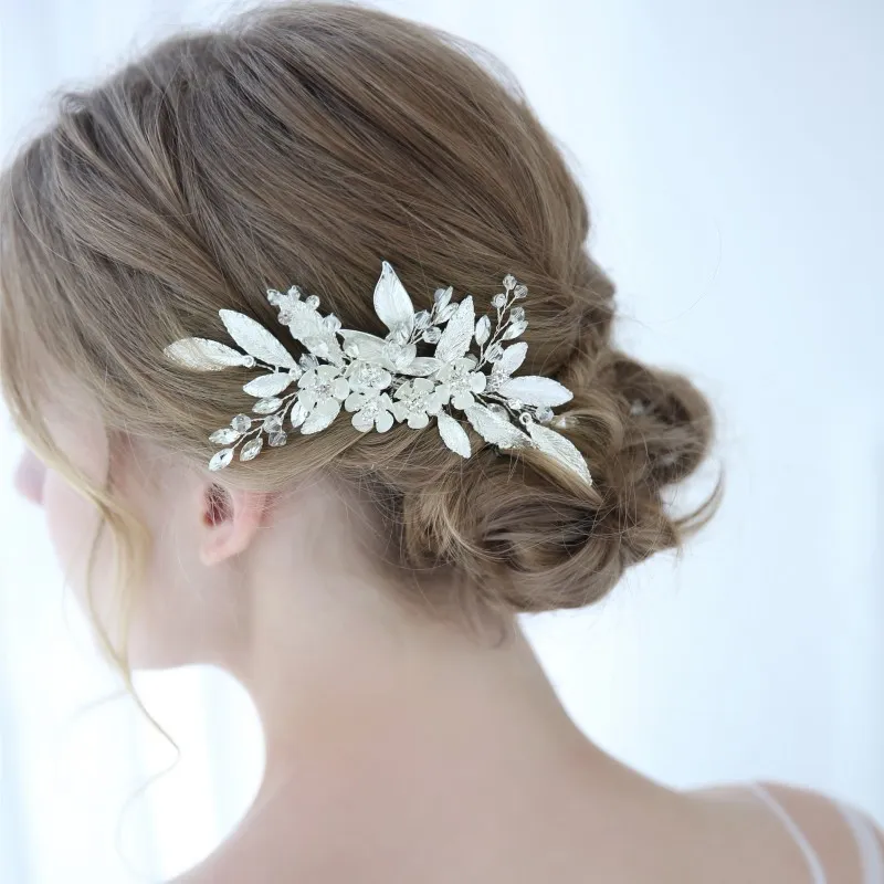 Silberne Farbe Blüte Braut Kopfstück Haar Schmuck hand verkabeltes Blatt Hochzeit Haar Kammzubehör Frauen Haarwege