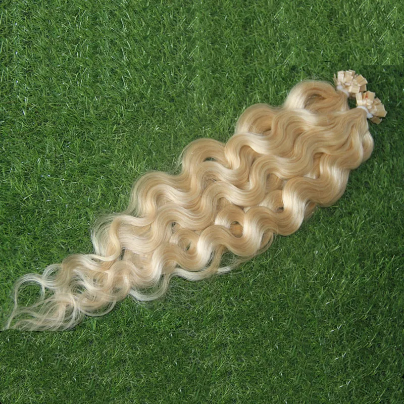 Blond brasiliansk hår kroppsvåg nagel platt tips pre bonded kapslar hårförlängning 100g