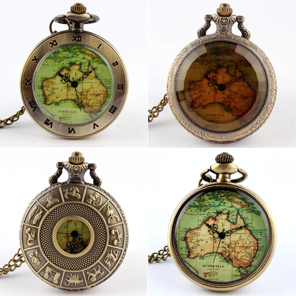 Womens Herren Quarz Taschenuhr 1 stücke Vintage Uhr Halskette Geschenk Retro Australien Karte Anhängeruhr auf Kette Dropshipping