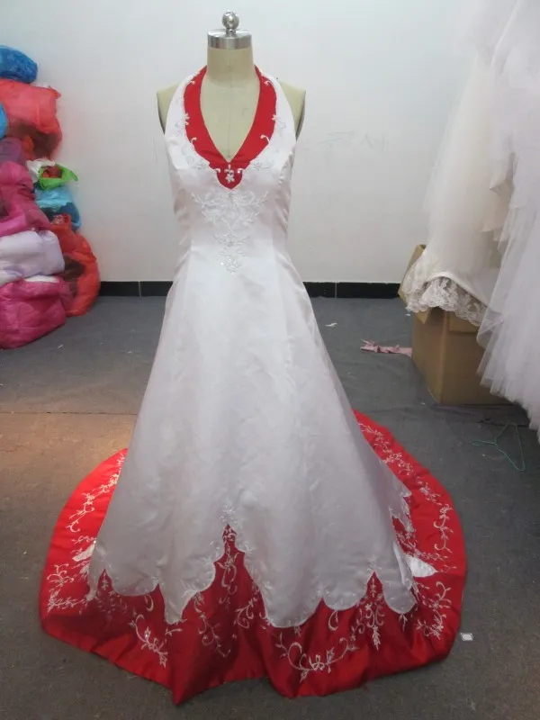 red and white halter wedding dress White Satin Halter Neck Wedding Dress with Beads Sequins Embroidery and  Court Train from Dhgate A-Line Wedding Dresses