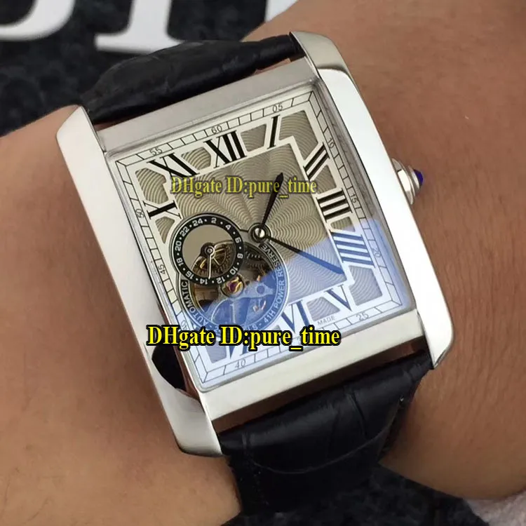 Orologio da uomo Tourbillon automatico con quadrante grigio Orologi da lavoro Cinturino in pelle con cassa in argento Orologi da polso da uomo di alta qualità