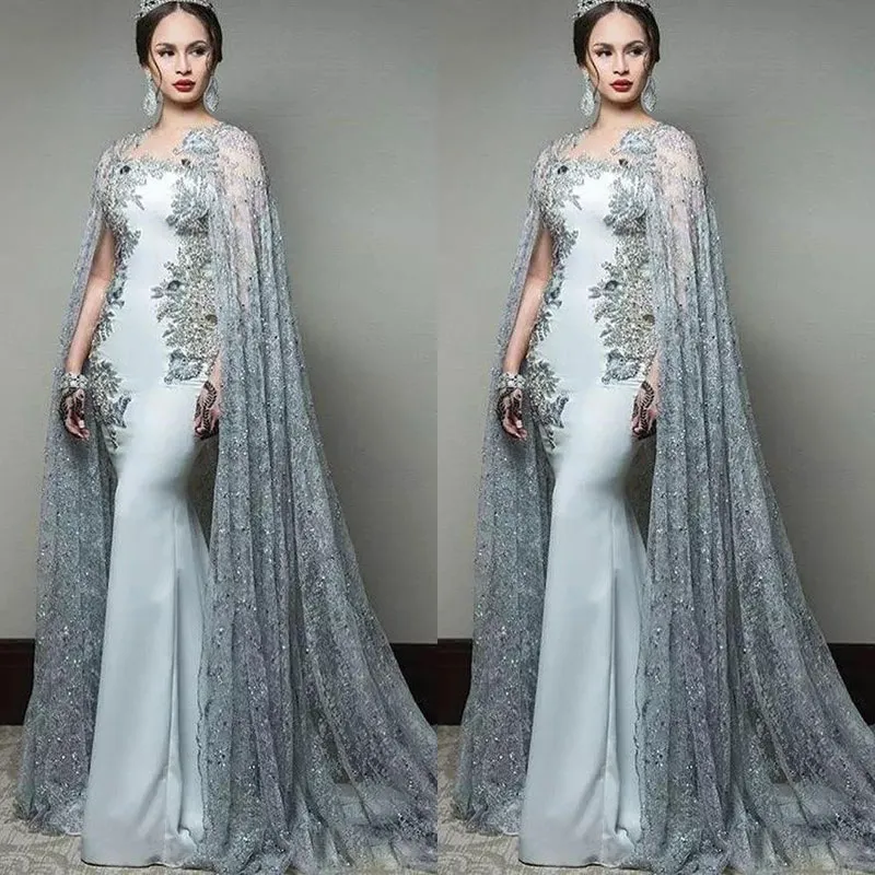 Newest Abric Mermaid Prom Dresses With Cape Sleeve Jewel Neck Formal Evening Wear Sequined Sweep Train Celebrity Party Gowns