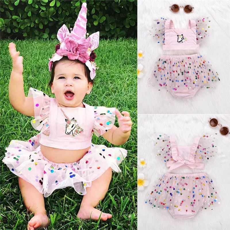 Sommer Baby Mädchen Kleidung Nettes Kleinkind Mädchen Outfits Einhorn Regenbogen Punkt Druck Crop Top + Tutu Shorts Rock 2PCS Kleinkind Mädchen Kleidung Set