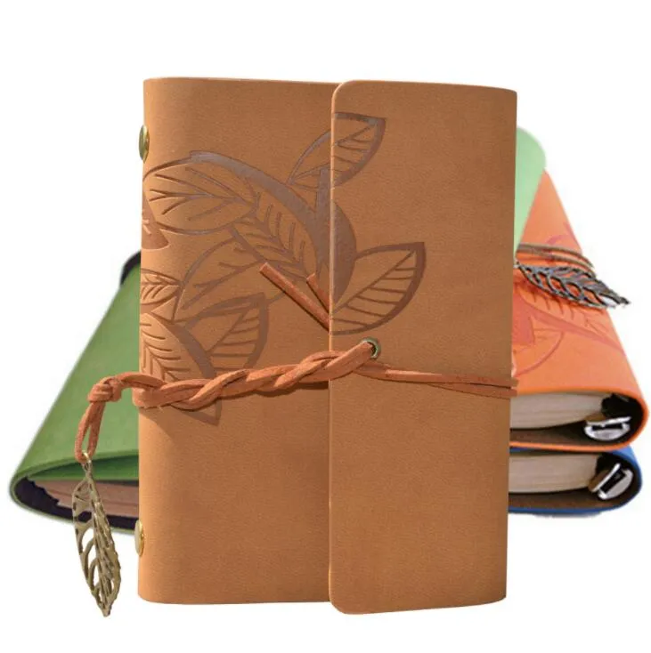 vintage leaves diary notepad Pu leather cover leaf decoration notebooks stationary spirial kraft paper notebook cute travel journal books