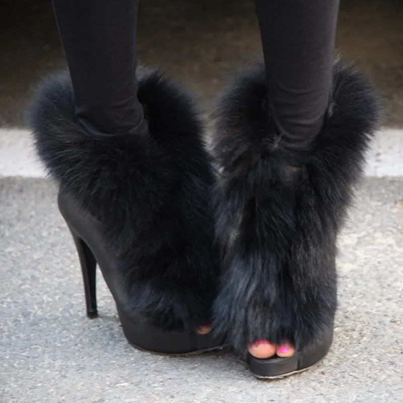 Sexiga damer Peep Toe Real Fox Fur Wrapped Women Party Ankel Boots Kvinna Tunna High Heels Street Outfit Klänning Korta Booties Skor