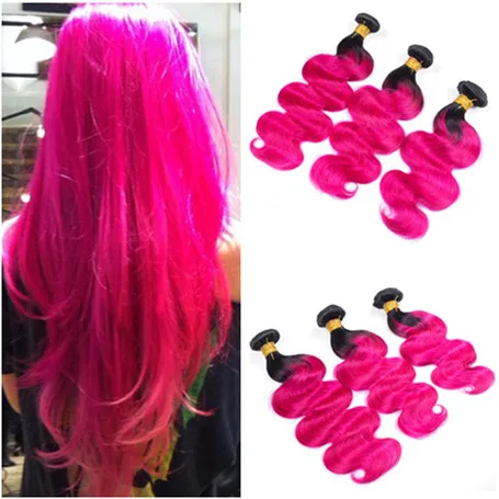 Body Wave Peruvian Ombre Hot Rosa Human Hair Weaves Double Wefted 3pcs Dark Root # 1b / Hot Pink Ombre Virgin Human Hair Buntles Deals