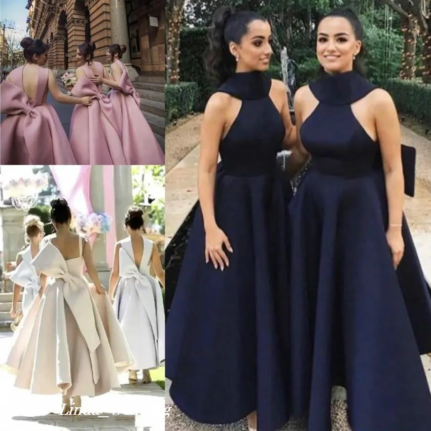 2019 Ucuz Yüksek Boyun Gelinlik Elbise Yaz Büyük Yay Country Bahçe Örgün Düğün Parti Misafir Hizmetçi Onur Kıyafeti Artı Boyutu Custom Made