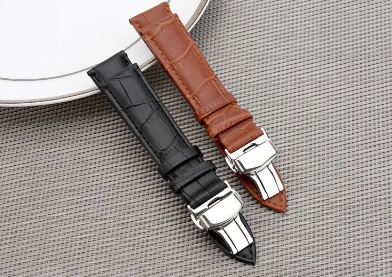 fashion slub embossed Watch Band Strap Push Button Hidden Clasp Double press butterfly buckle Leather black Brown Steel 12mm24mm1222977