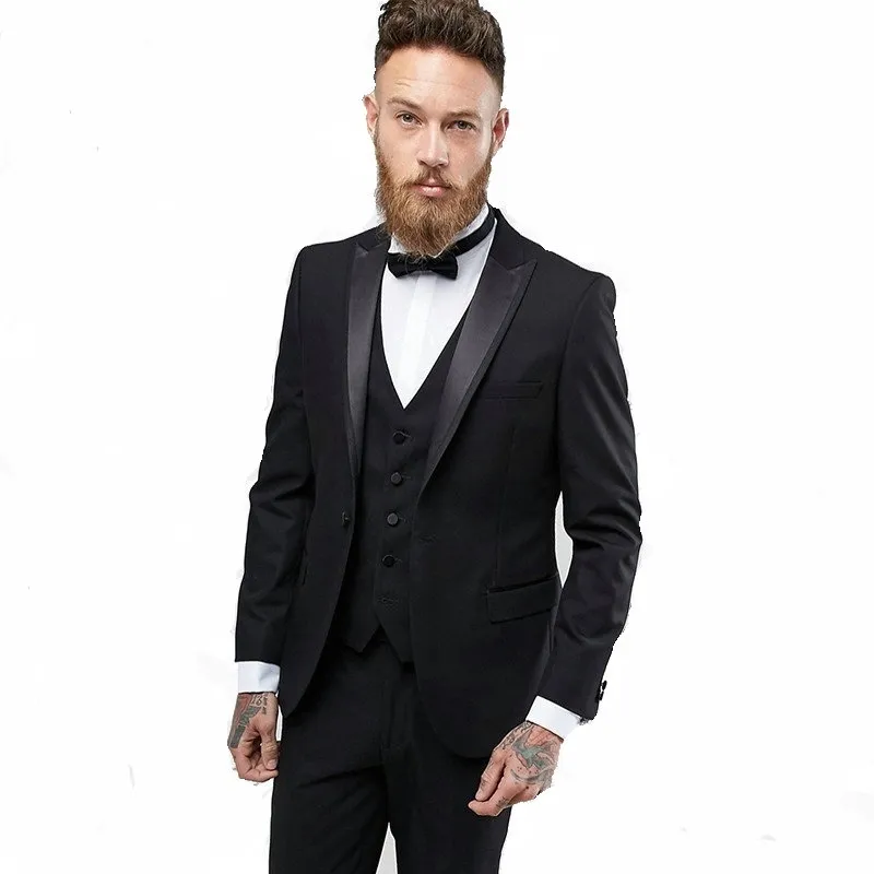 2018 Maßgeschneiderte Bräutigam-Anzug mit spitzem Revers, schmale Passform, schwarze Herrenanzüge, neueste Mantel-Hose-Designs, Herren-Hochzeitsanzüge, Herren-Abschlussball-Smoking271f