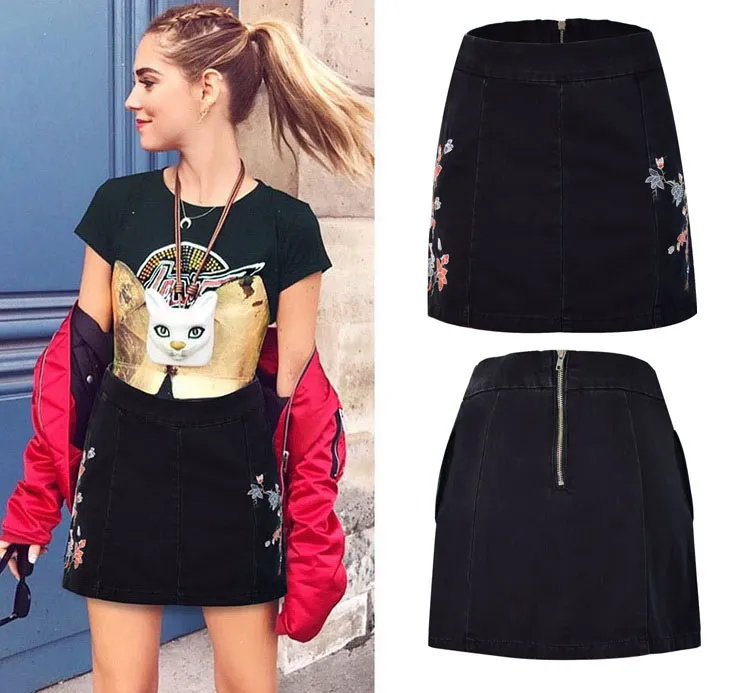 Black Skirt Women High Waist A-Line Style Floral Embroidery Back Zip Patch Denim Cotton Skirts