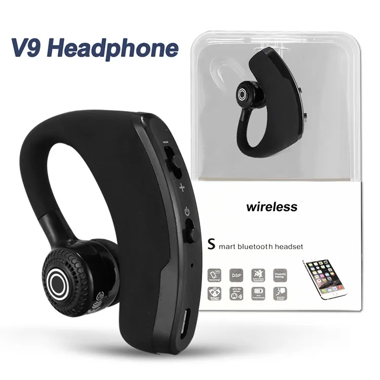 V9 Bluetooth Headphones Business Single Wireless Earphones Headsets Drive Earbuds with Mic Noise Cancelling for Driver Sport Business in Retail Box