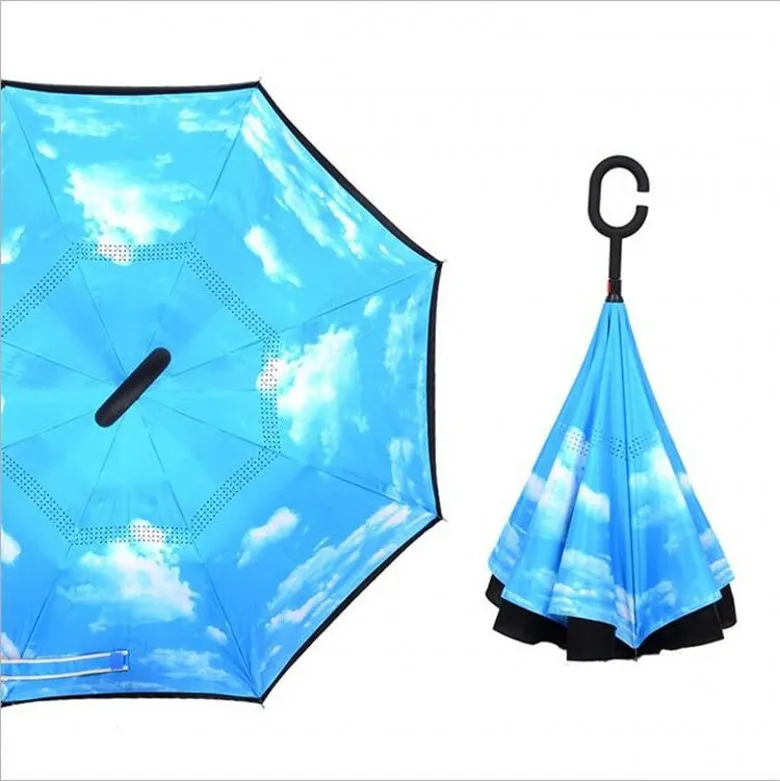 Kreatywne odwrócone parasole 34 kolory Podwójna warstwa z uchwytem C wewnątrz odwróconego wiatroodpornego parasola przez DHL za darmo