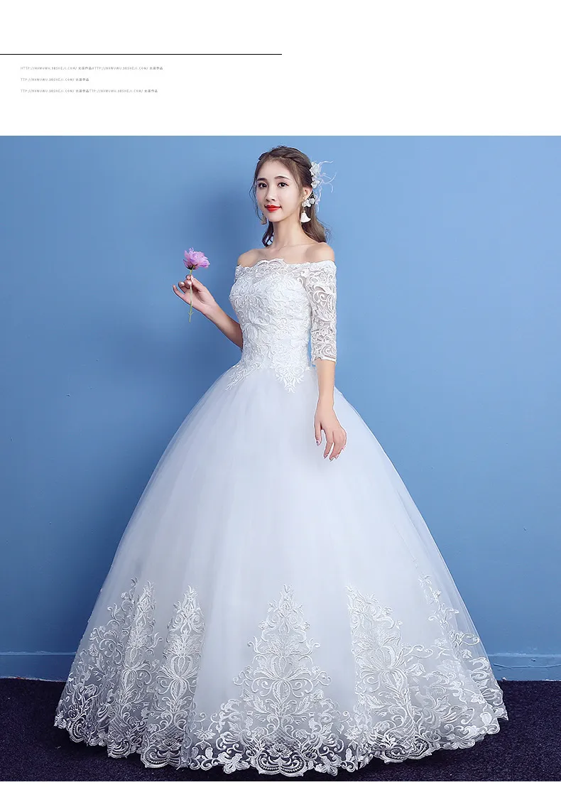 Koreansk spets Half Sleeve Boat Neck Bröllopsklänningar 2018 Ny mode Elegant Princess Appliques Klänning Anpassad Bridal Dress