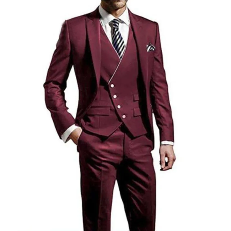 Haute Qualité Un Bouton Bordeaux Marié Tuxedos Peak Revers Garçons D'honneur Hommes Costumes De Mariage D'affaires De Bal (Veste + Pantalon + Gilet + Cravate) NO: 1388