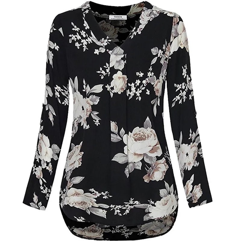 Trendiga Kvinnor Långärmad Pullover Lösa T-shirts Vintage Blomstryck V-Neck Floral Toppar One Pieces