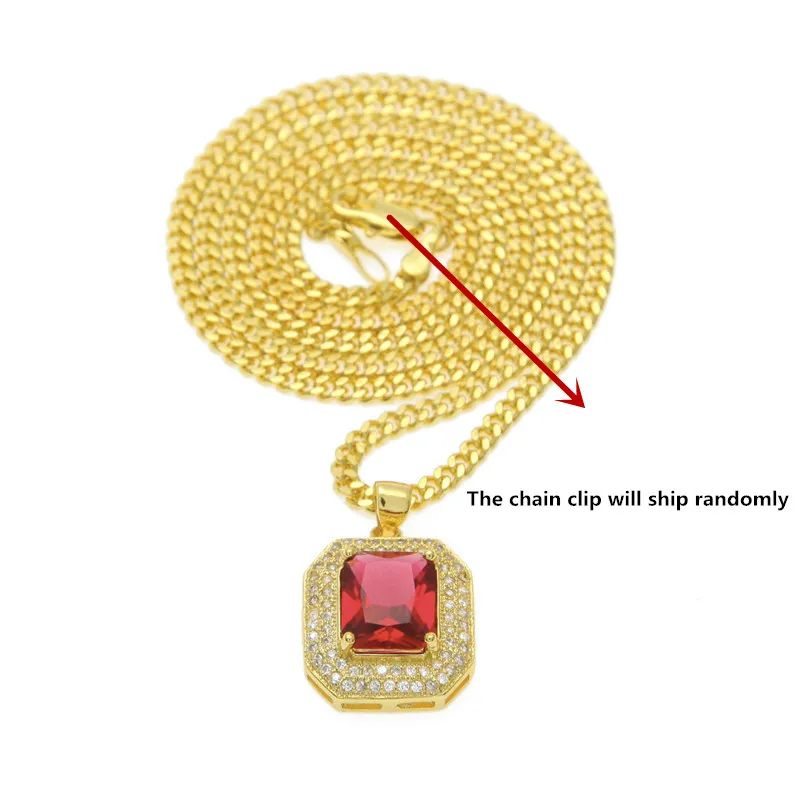 Nova moda 18k banhado a ouro corrente cubana e sintético mini vermelho azul bling rubi pingente colar masculino feminino hip hop colar jóias