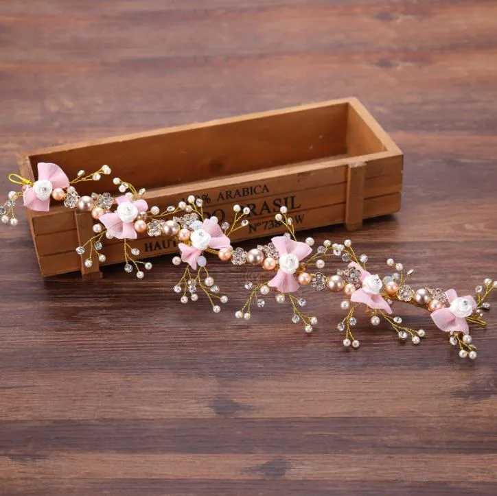 Cinturón de lazo rosa con incrustaciones de diamantes, accesorios de novia para boda con flores