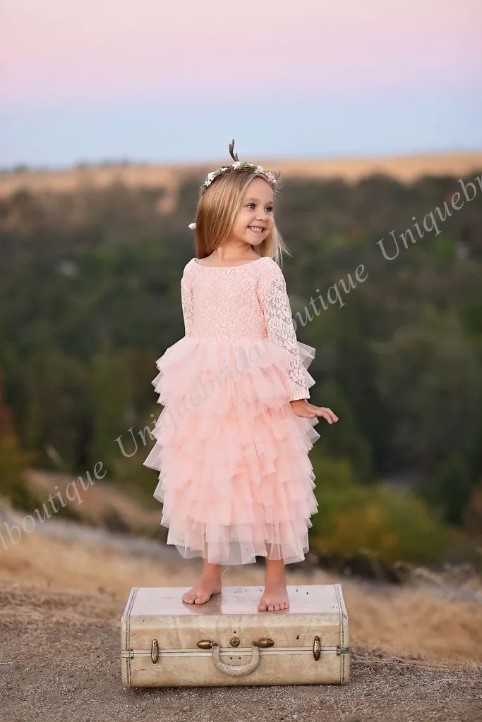 Benutzerdefinierte Blumenmädchenkleider 2019 mit großer Schleife, V-Rücken, Rüschenrock, Prinzessin-Erstkommunionkleid für kleine Mädchen, echte Fotos