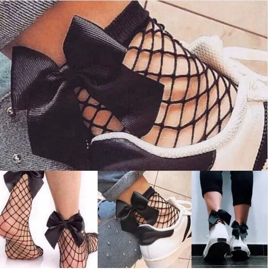 fishnet socks with bow bowknot New Fashion Hollow Out low Soxs Popular Chic Thin Bow Punk Cool Mesh Short Socks Mesh Socks