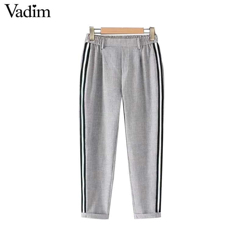 Vadim frauen elegante seite streifen hosen elastische taille grün schwarz damen herbst lässige streetwear fashion hosen mujer KZ1162