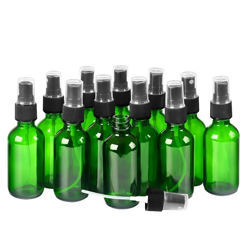 Bouteilles en verre vert avec pulvérisateur à pompe à brume fine noire, conçues pour les huiles essentielles, les parfums, les produits de nettoyage, les bouteilles d'aromathérapie