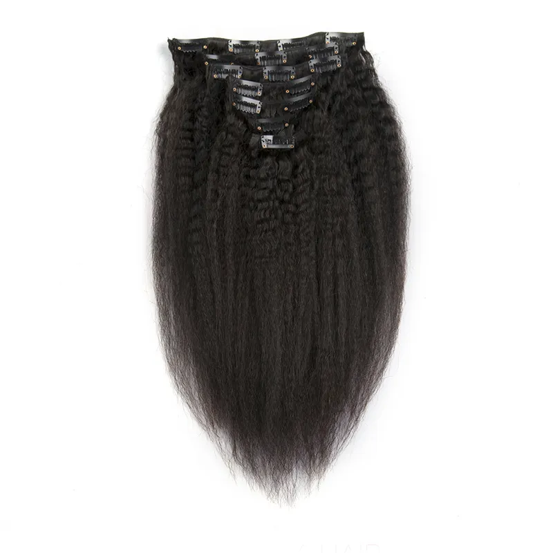 Natural Black Kinky Straight Clips In Brazilian Human Hair Extensions 120g Coarse Yaki Clip Ins Machine Made Remy