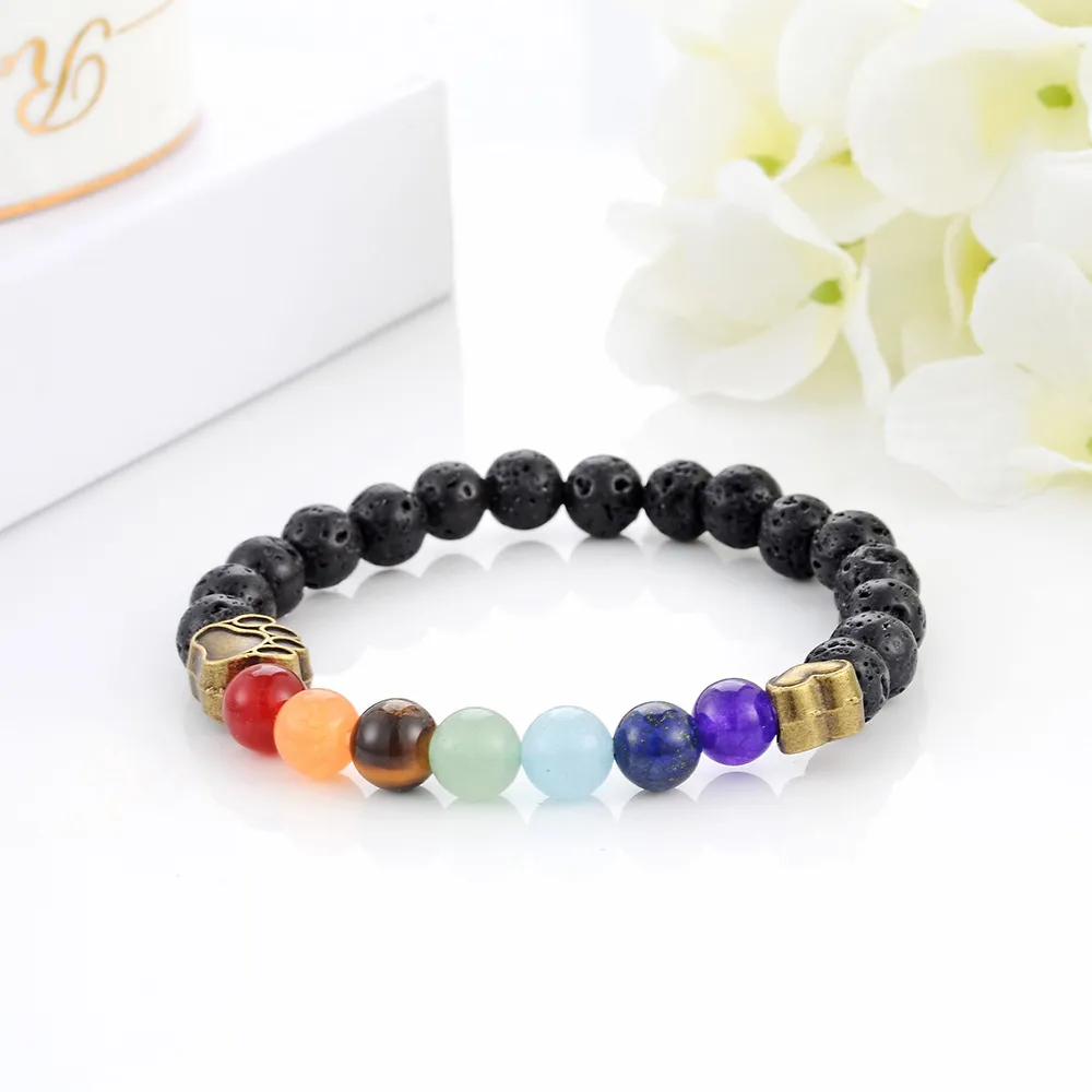 Coração do vintage Cão Pam Charms 8mm 7 Chakras Preto Lava Pull Bracelete DIY Aromaterapia Difusor de óleo Essencial Braceletes Buda Yoga Jóias