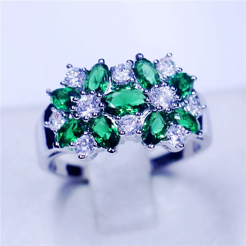 Bijuterias moda Birthstone anéis de casamento banda para as mulheres 5A Zircon Verde Cz 925 Sterling silver Partido Feminino anel de Flor estilo