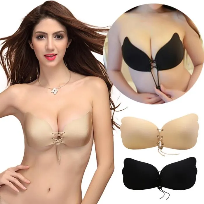 Kvinnor självhäftande bandlös bandage Blackless Solid Bra Stick Gel Silicone Push Up Kvinnors Underkläder Butterfly Osynlig Bra A B C D Kopp