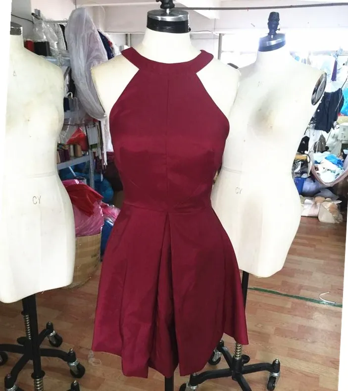 Real Photo Simple Burgundy Halter Short Prom Dresses Sleeveless Party Dresses For Gowns 2017 New junior dressed Cocktail Dresses