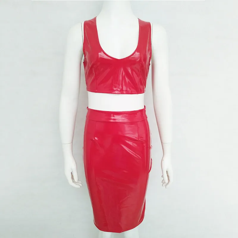 Fashion Women Red PU Leather Two Piece Dress Sexy Deep V-neck Crop Tops Bodycon Knee Length Pencil Skirt Party Dress Sets