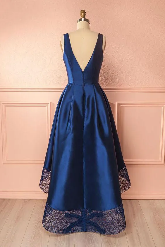 Navy Blue 2022 New High Low Cocktail Prom Dress Backless Cheap Jewel Neck Lace Short Front Long Back Stylish Homecoming Graduation2247831