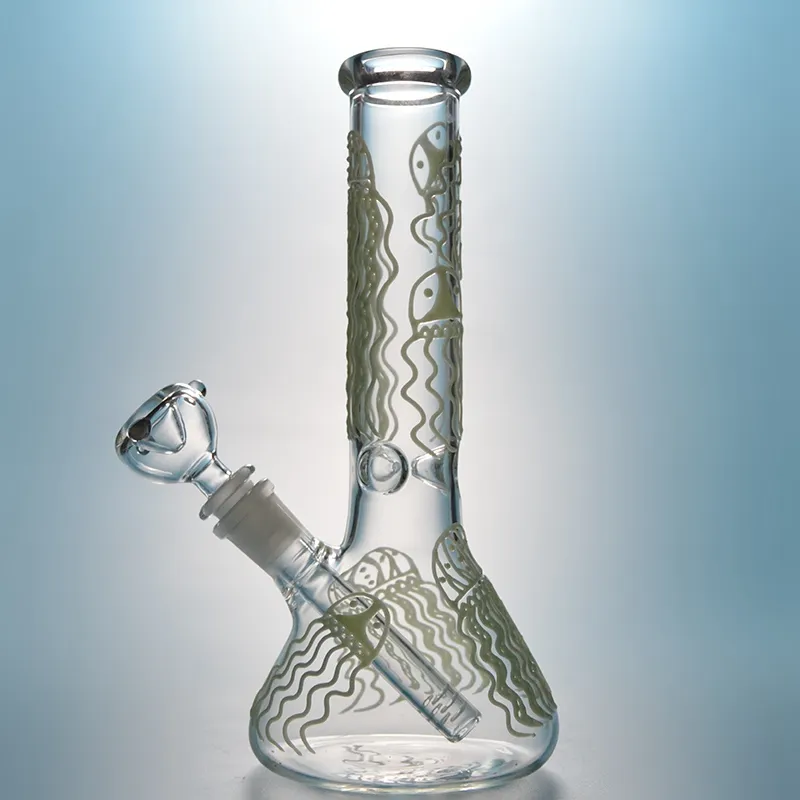 Im Dunkeln leuchtende Bong-Quallenmuster-Glasbecher-Bongs, Wasserpfeife, gerades Rohr, Öl-Dab-Rig, GID04