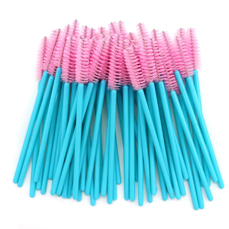 Bacchette mascara usa e getta Manico blu Spazzole ciglia rosa 500 pezzi / lotto Spazzole trucco in nylon Strumenti l'estensione delle ciglia