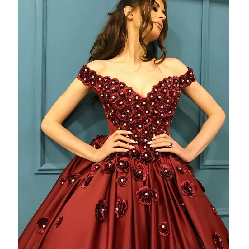 Glamorous 3D Floral Prom Dresses Graceful Off Shoulder Sleeveless Satin Ball Gown Party Dress Saudi Dubai Fashion Long Evening Gown