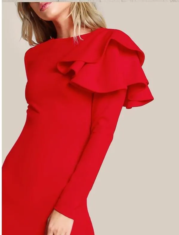 Black Ruffle Bodycon Knee Length party dresses - Elegant Knee Length Midi for Women, Slim Fit, Perfect for Office and Autumn Events