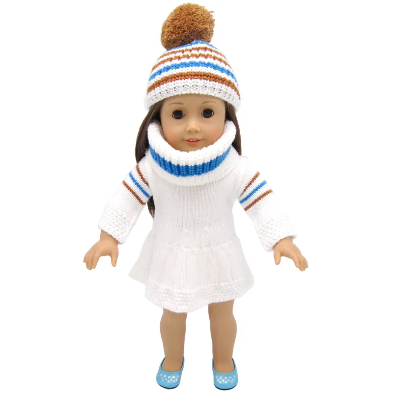 18 pouces American Girl vêtements de poupée robe pull avec chapeaux et écharpe pour jouets cadeaux de fête d'enfant - Accessoires de vêtements de poupée pour American Girl