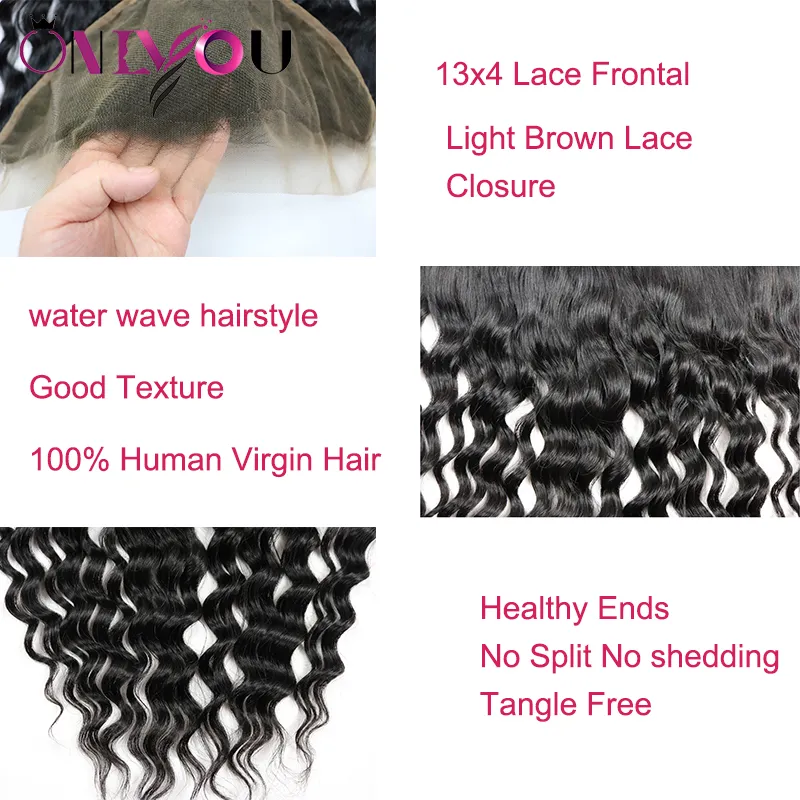 Obearbetade brasilianska jungfruliga hårbunt behandlar vattenvåg mänskligt hår med stängning av naturliga våg hårbuntar med spets frontala WEAV4934905