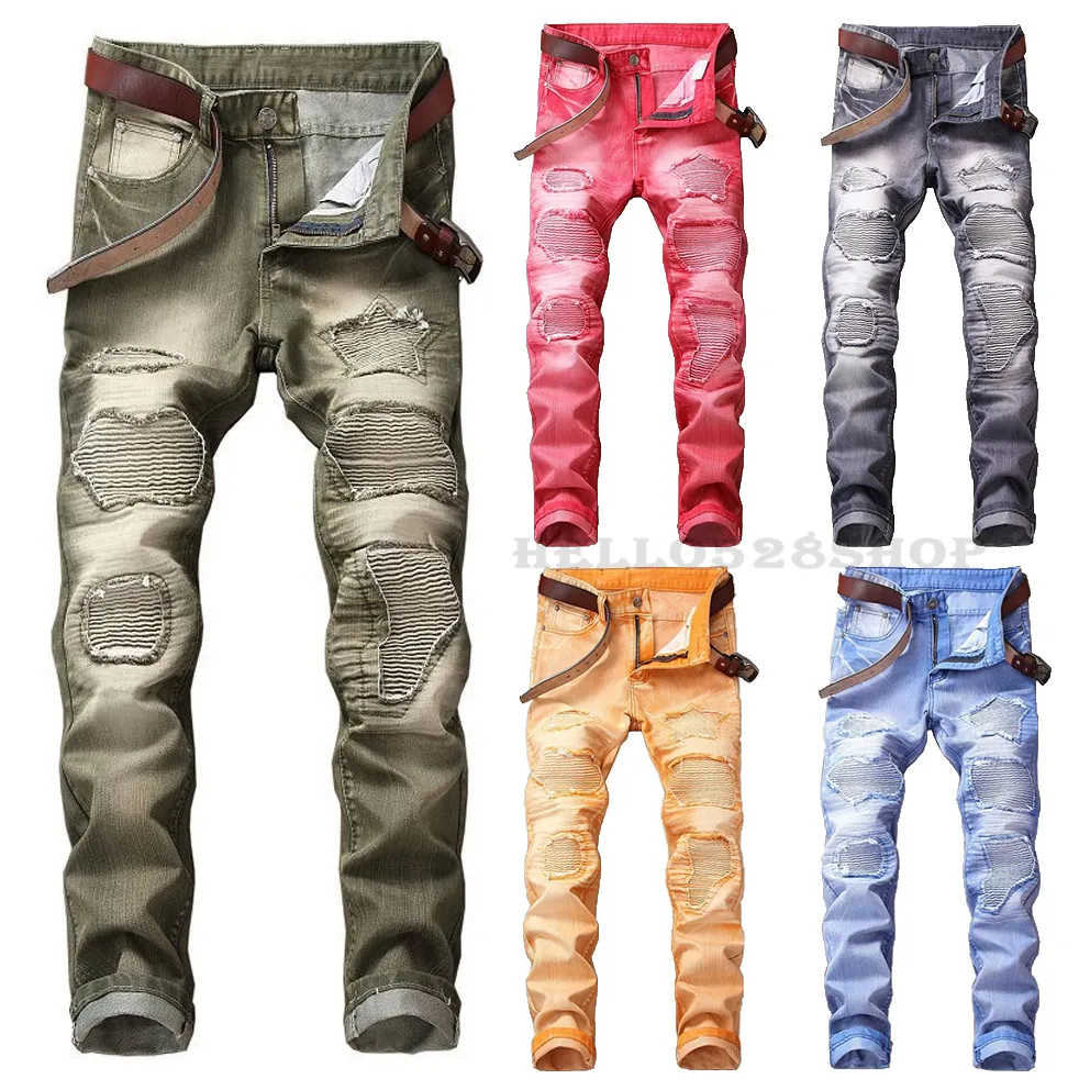 New Fashion Large Size 29-42 Mens Colorful Jeans Multicolor Motorcycle Tide Pants Ripped Slim Fit Casual Long Trousers Biker Novelty Design