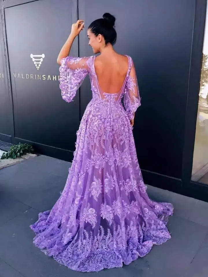 blue dress for baby girl Lavender Floral Sparkly Tulle Prom Dresses 2025 Removable Long Sleeve –  Viniodress main image 1