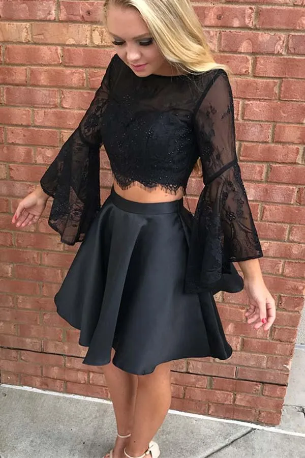 2022 Sexy Black Juliet Long Sleeves Homecoming Prom Dress Short Jewel Neck Sequin Beaded Two Pieces Satin Party graduation Cocktai301O