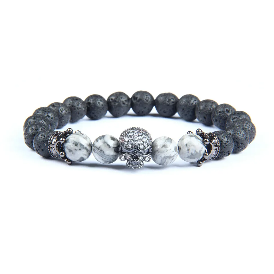 Nouveau pistolet noir hommes bijoux Micro pavé couronne spartiate crâne Bracelets avec 8mm naturel lave pierre pierre perles