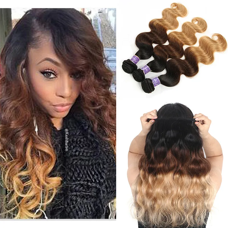 Braziliaanse Ombre Haarverlenging Drie Toon 1b / 4/7 # Body Wave Bruin Menselijk Haar Weave 3 Bundels Goedkope Gekleurde Braziliaanse Blondjes Remy Haar